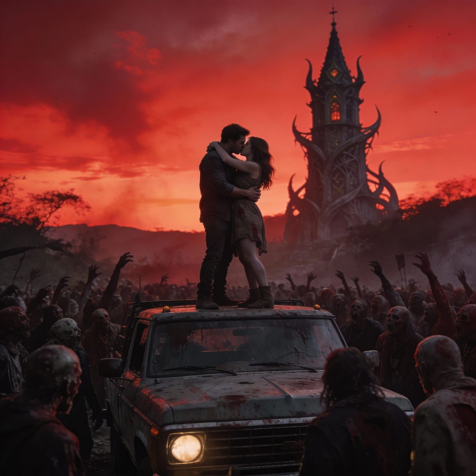 Couple Embraces Amidst Zombie Horde Before Elven Tower