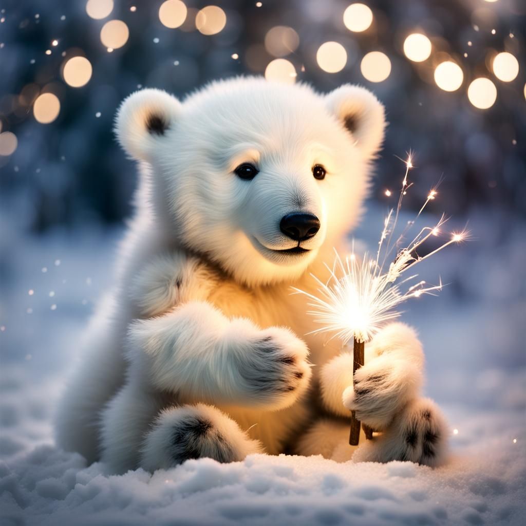 Happy Polar Bear Cub with Sparkler in Snow