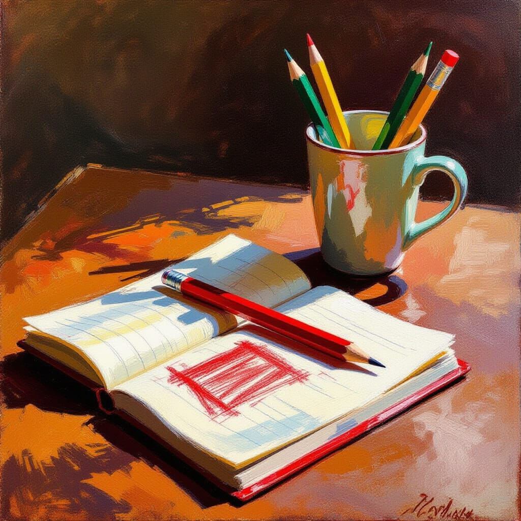 Impressionist Painting of Red Pencil on Notepad