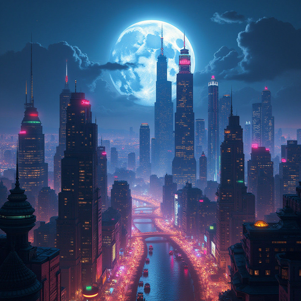 Luminescent Metropolis Under Giant Moon, Fantasy Concept Art