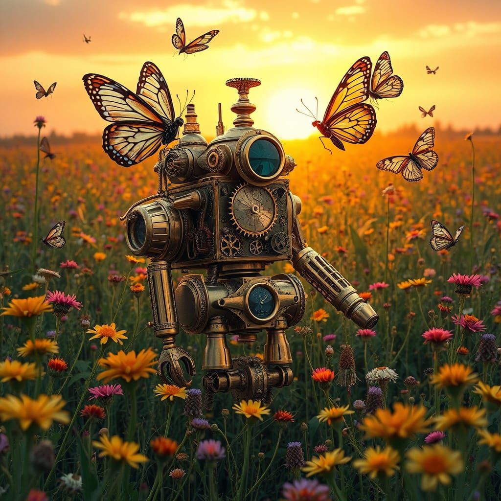 A steampunk automaton, crafted from polished brass and intricate gears, stands amidst a field of vibrant wildflowers. Bu...