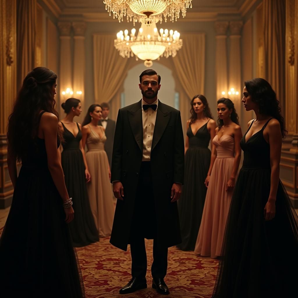 Epic Cinematic Scene: Man Surrounded by Elegant Women
