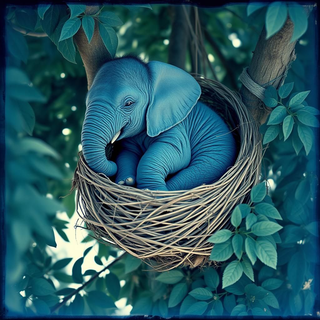 Elephant in Bird's Nest: Dreamy Cyanotype Image