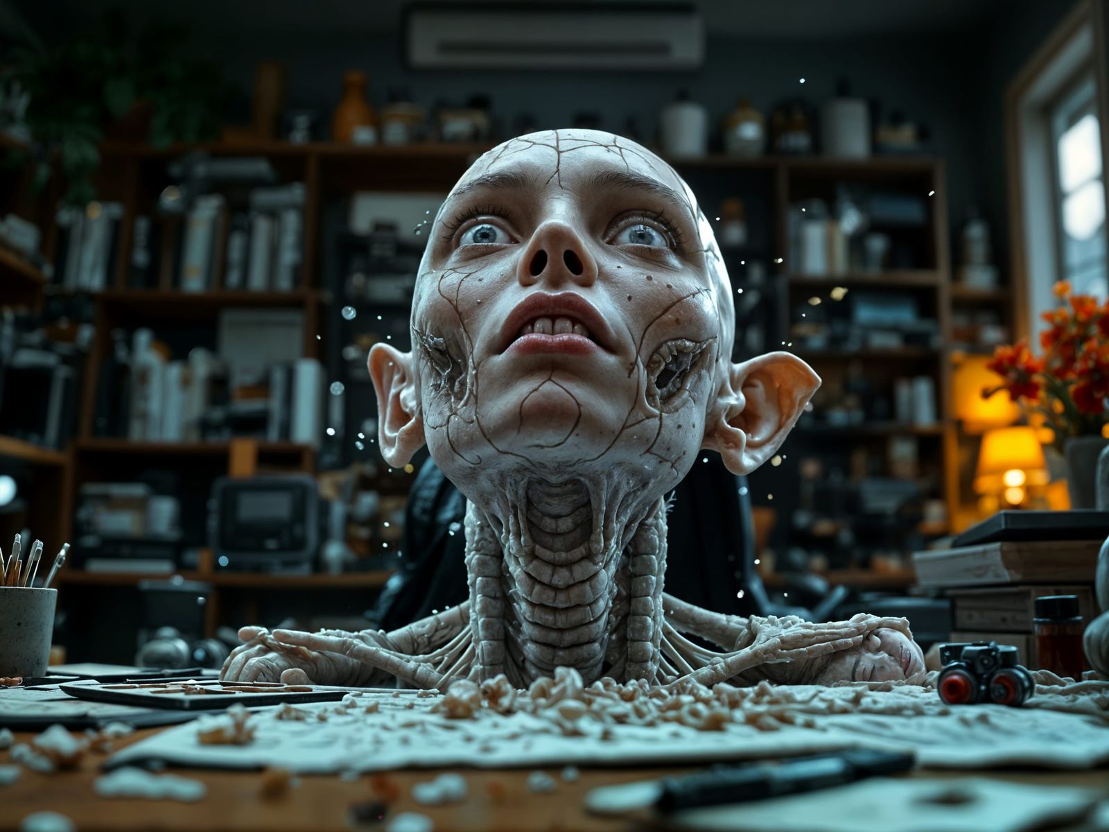 Hyper-Realistic Figure in Cluttered Creative Workspace