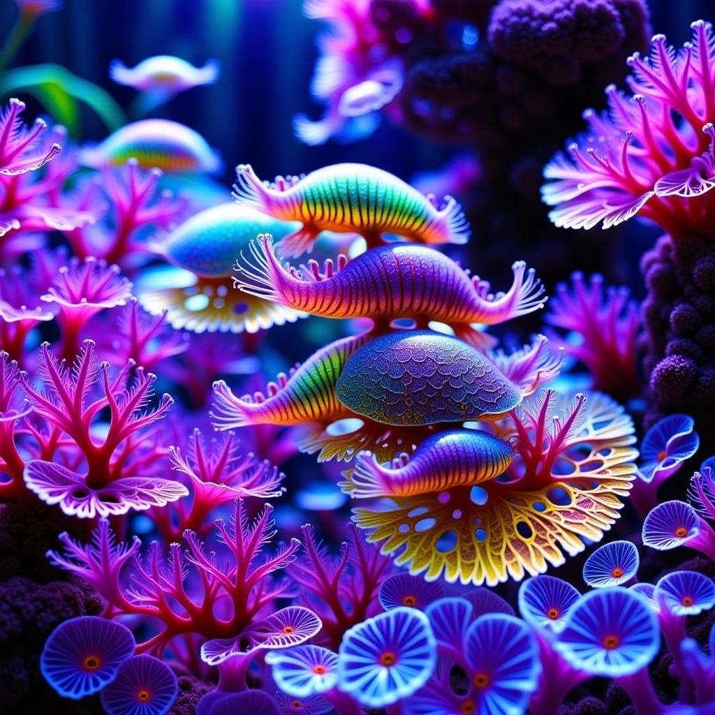 Surreal Iridescent Glass Coral Reef with Glowing Cheshire Ca...