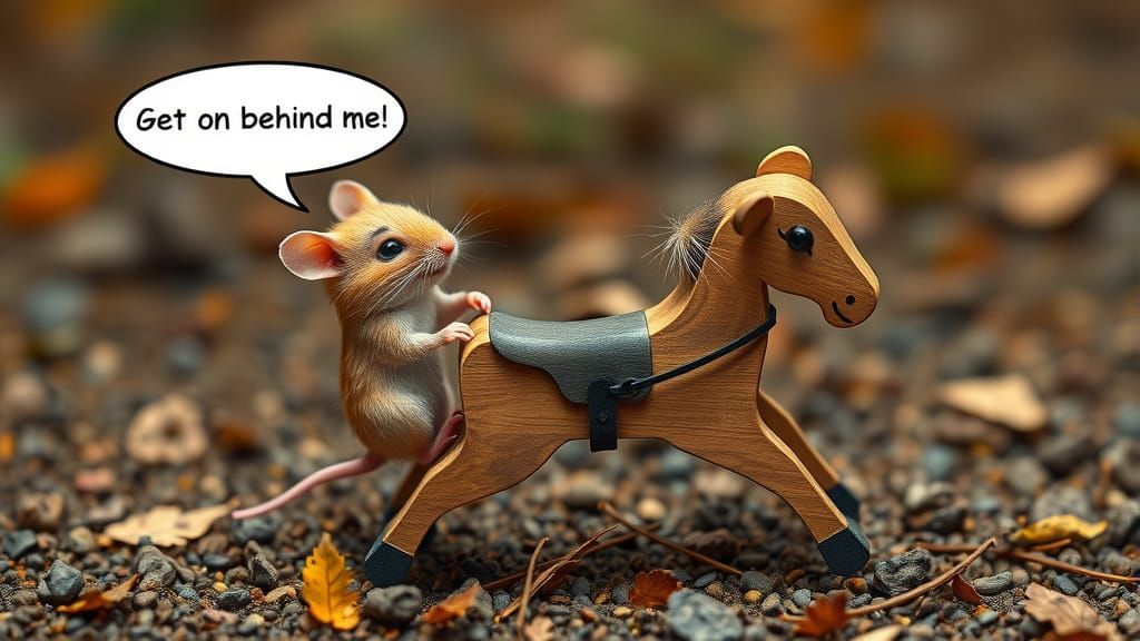 Two little mice find a wooden horse, and decide to share it ...