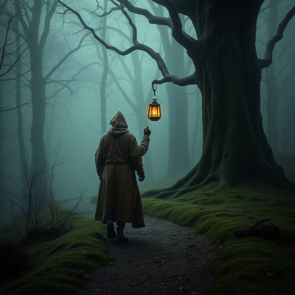 Misty Woods: Traveller with Ancient Lantern