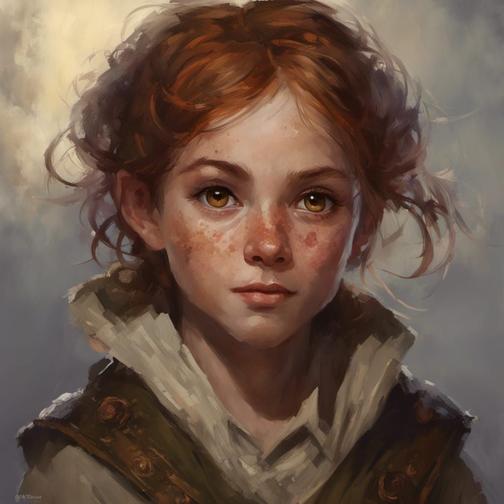 Halfling Portrait by Rutkowski, Artgerm and Mucha