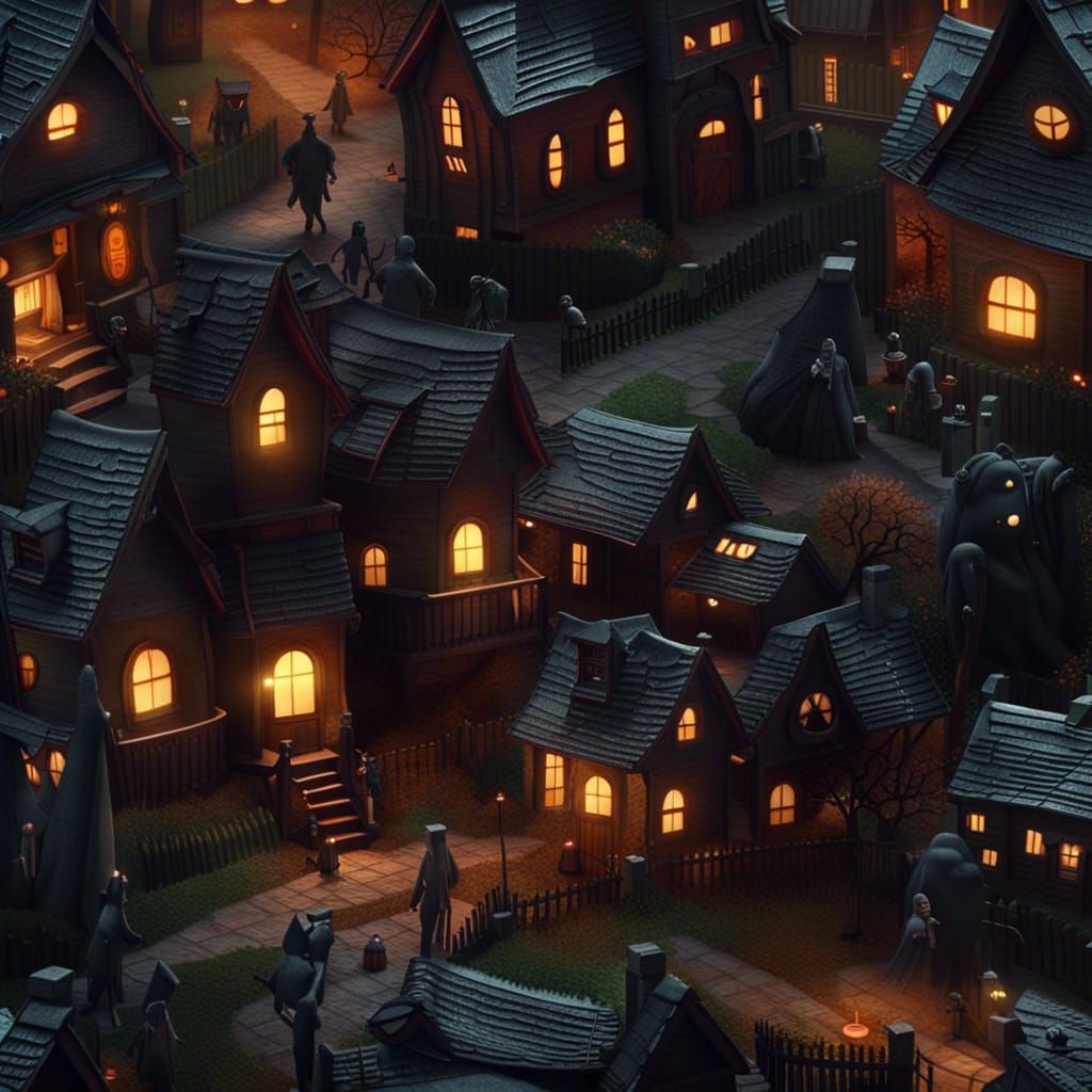 Haunted Village with Monsters in 3D Rendering