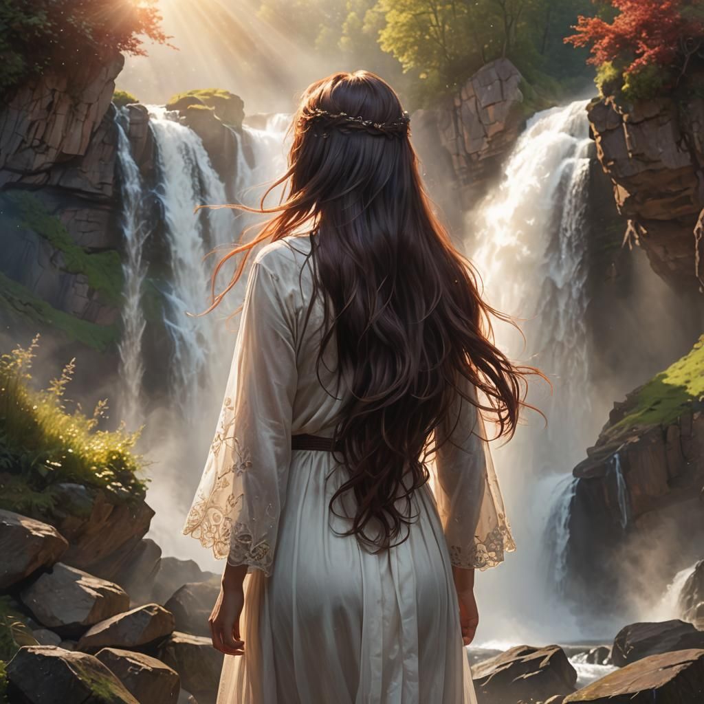 Ethereal Woman in Dreamy Pre-Raphaelite Landscape