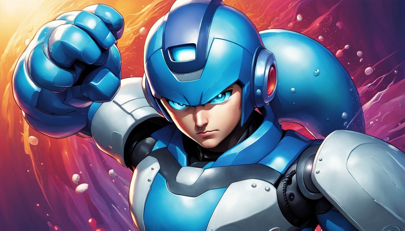 Mega Man in Hyperrealistic Splash Art