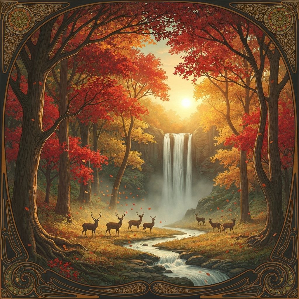 Art Nouveau Sunrise Forest with Waterfall and Deer