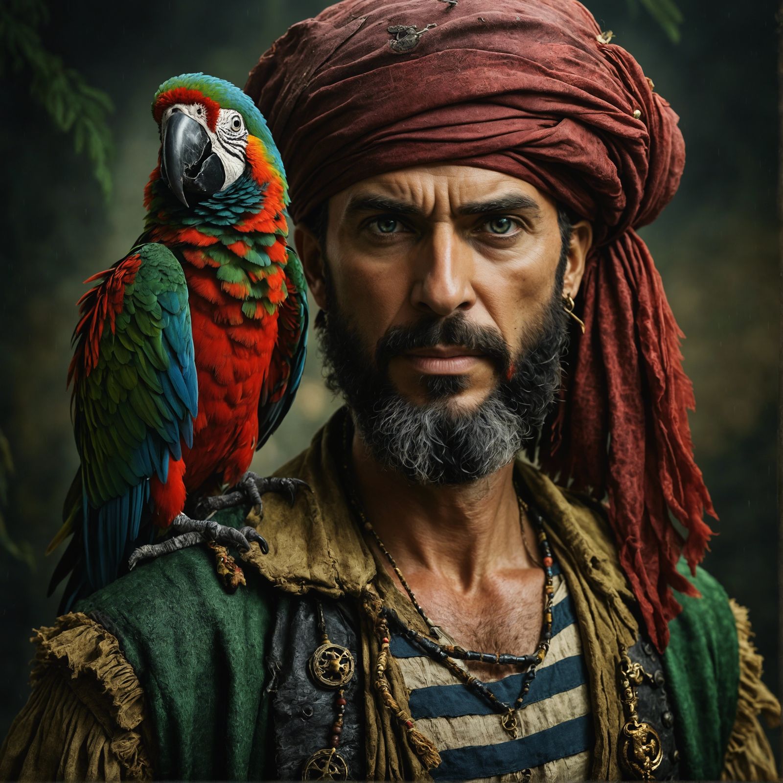 Pirate with Emerald Parrot Portrait