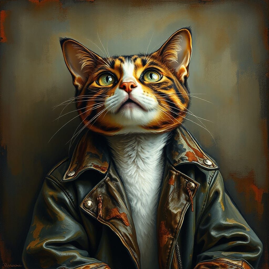 Whimsical Cat in Leather Glow, Modigliani & Caravaggio Style...