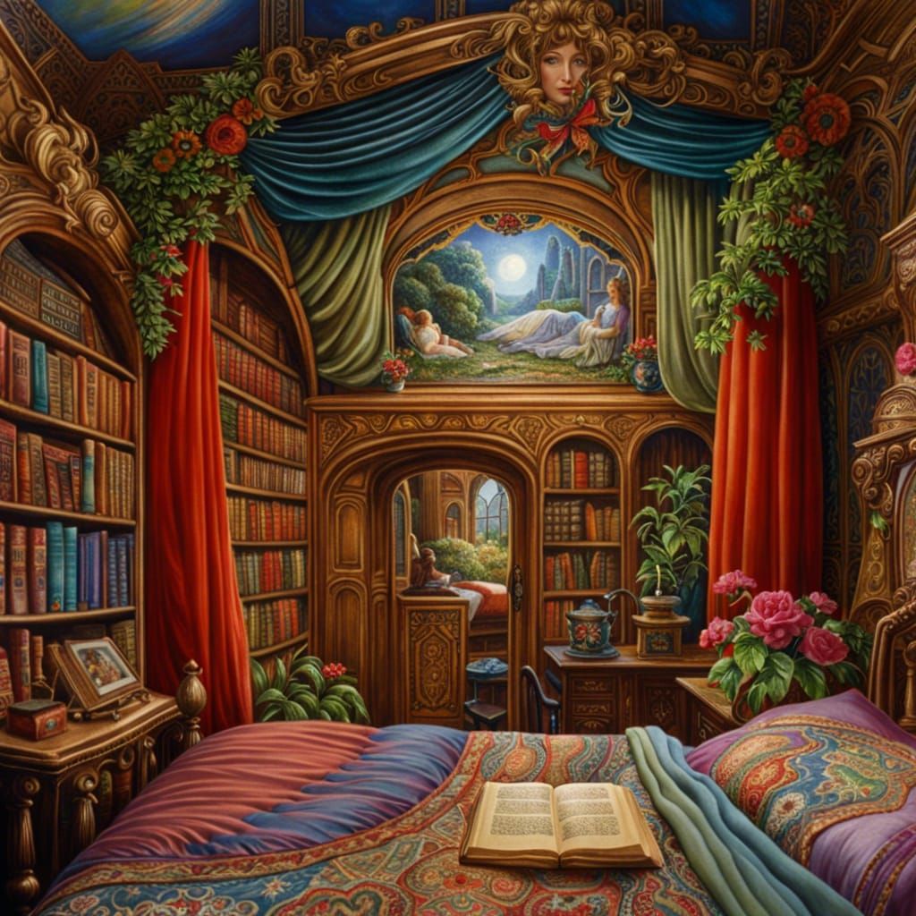 Comfortable old-fashioned double-bed in a book lover's bedroom