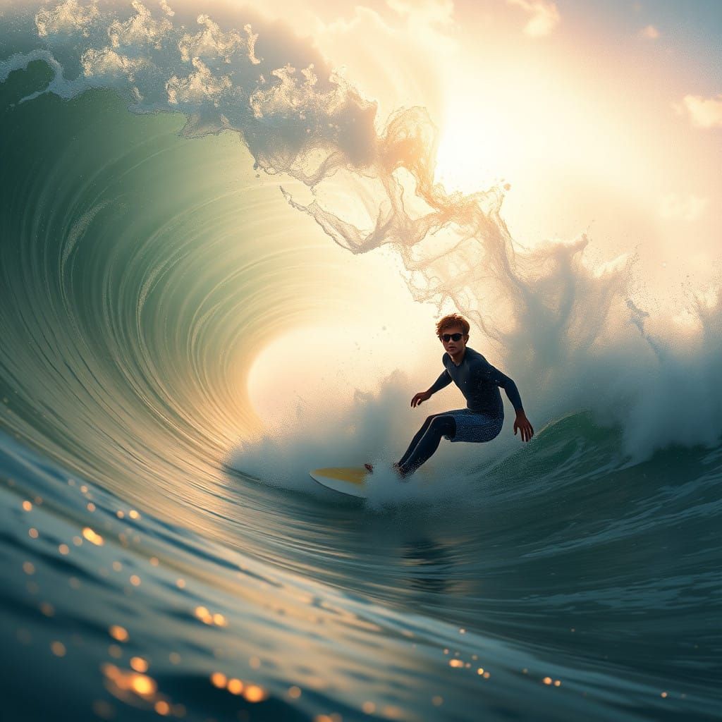 Young Surfer Rides Majestic Wave in Hyper-Realistic, Dreamli...