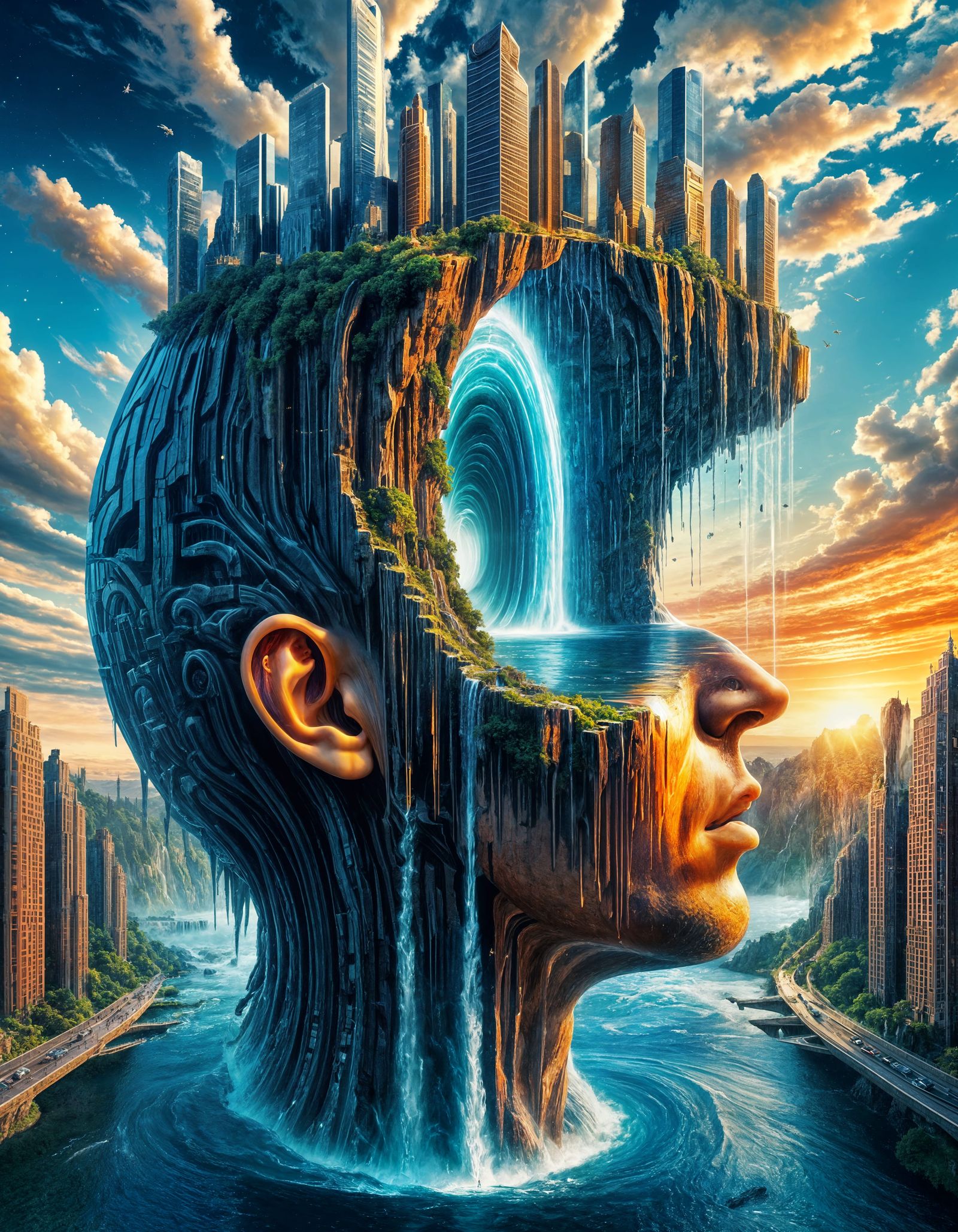 Holographic Head with Waterfalls and Portal Art
