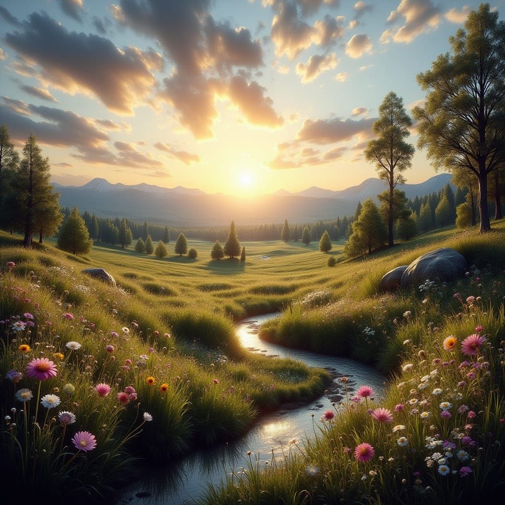 Serene Countryside Landscape at Dawn in Realism Art Style