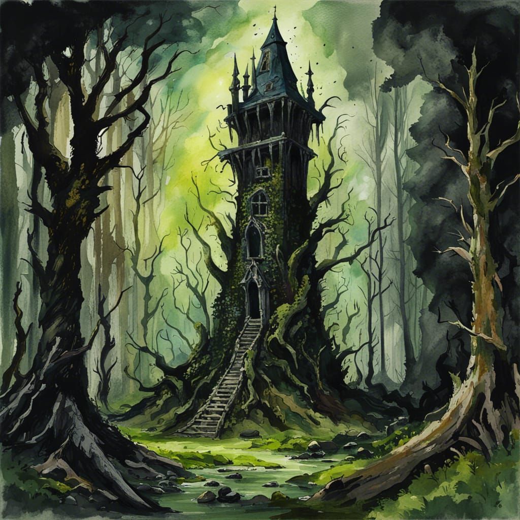 Gothic Wizard Tower in Dark Fantasy Swamp