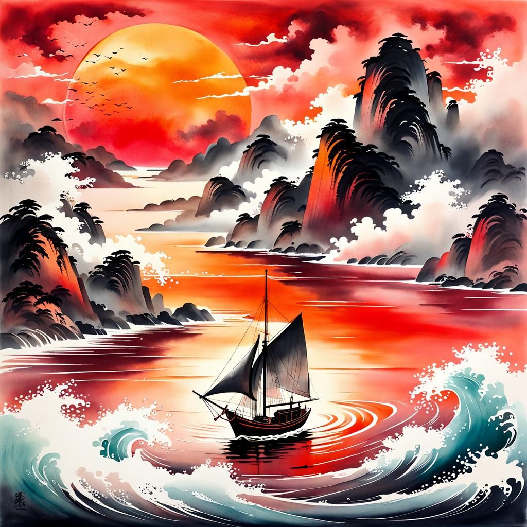 Sailboat at Sunset: Chinese Ink Painting Style