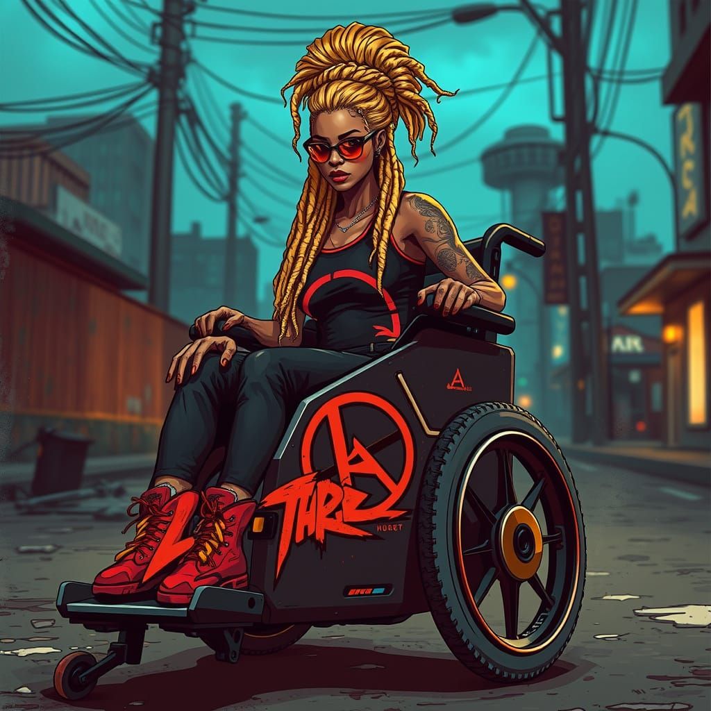 Sleek Electric Wheelchair Anarchy Logo Rebellious Woman in C...