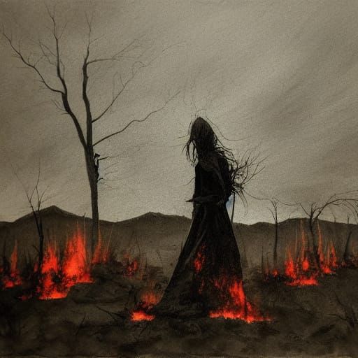 Surreal Figure Emerges from Charcoal Hellscapes