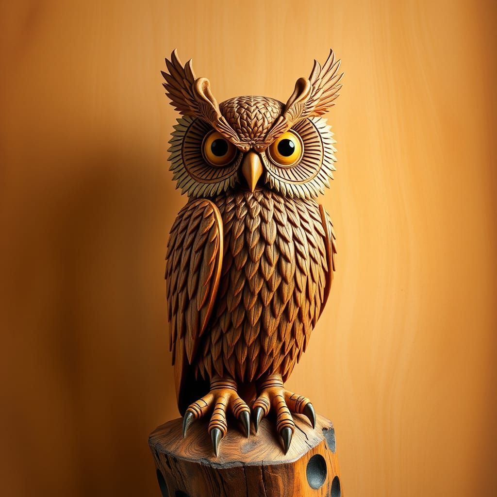 Whimsical Wooden Owl Carved in Intricate Detail