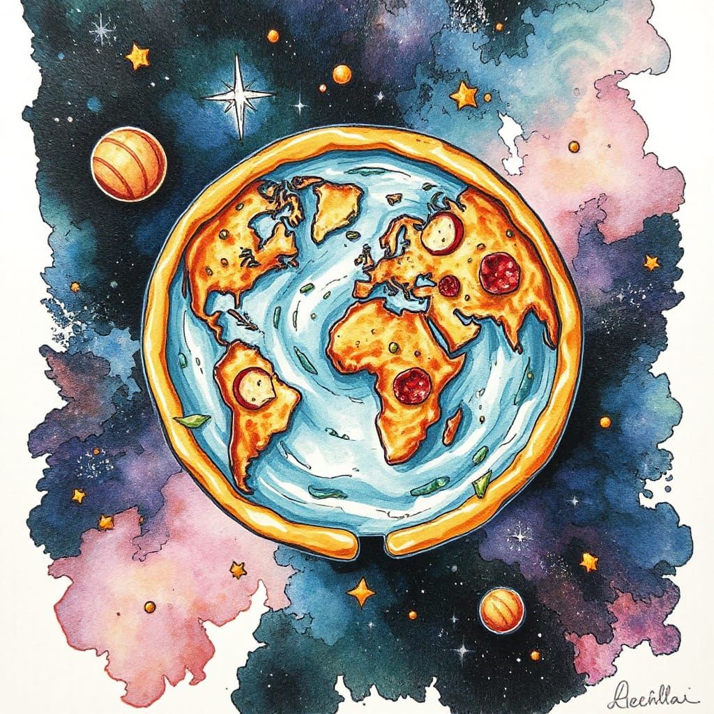 Whimsical Pizza Planet in Space as Pen and Ink Art