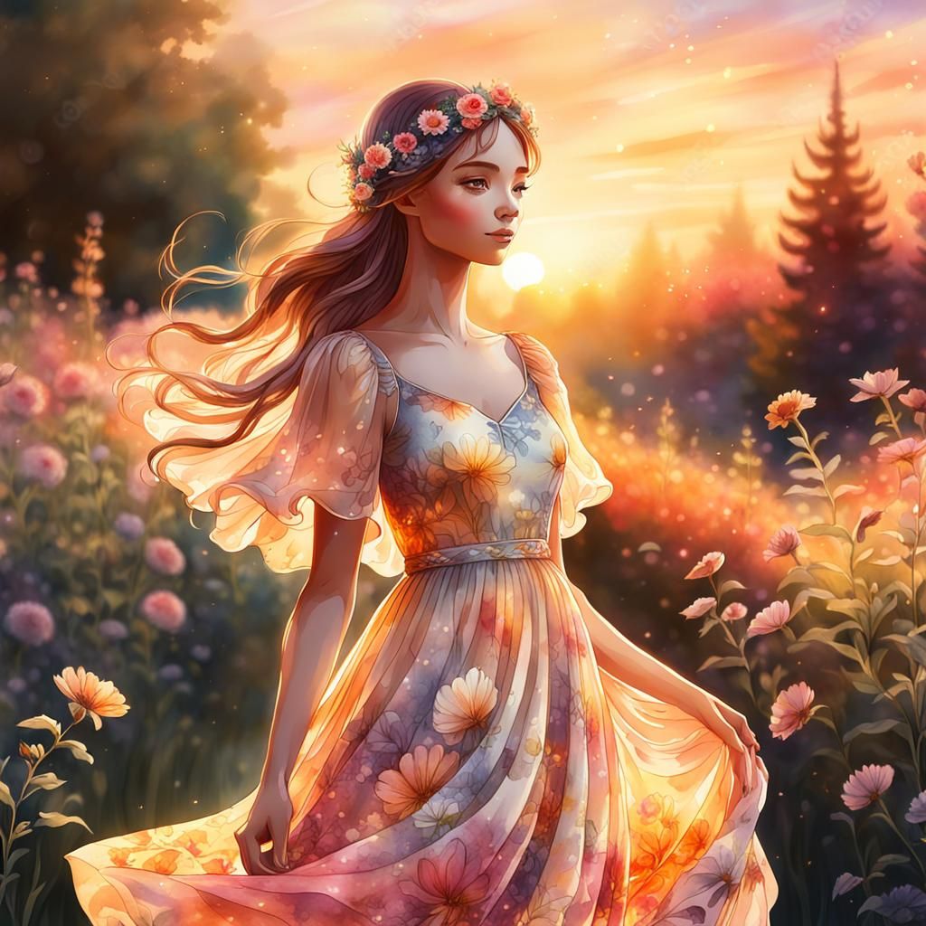 Fairy-Tale Girl in Flowery Dress: Watercolor Illustration