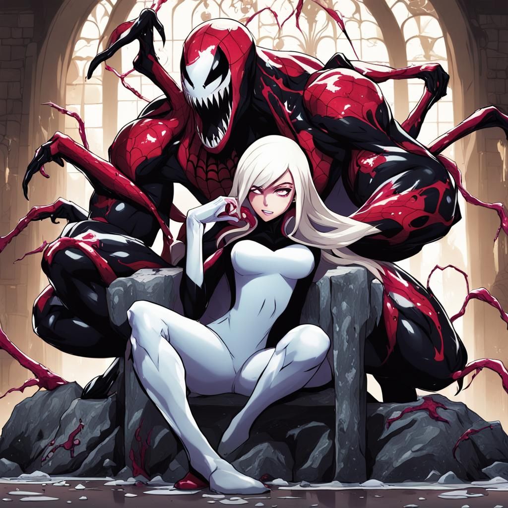 Spider-Gwen Carnage Symbiote on Throne in Anime Style