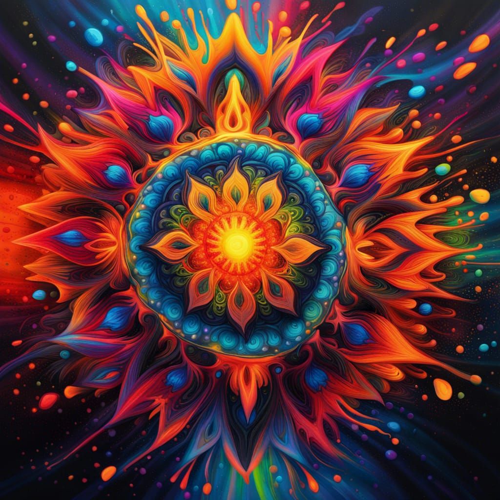 Neon Mandala of Abstract Flames in Splash Art