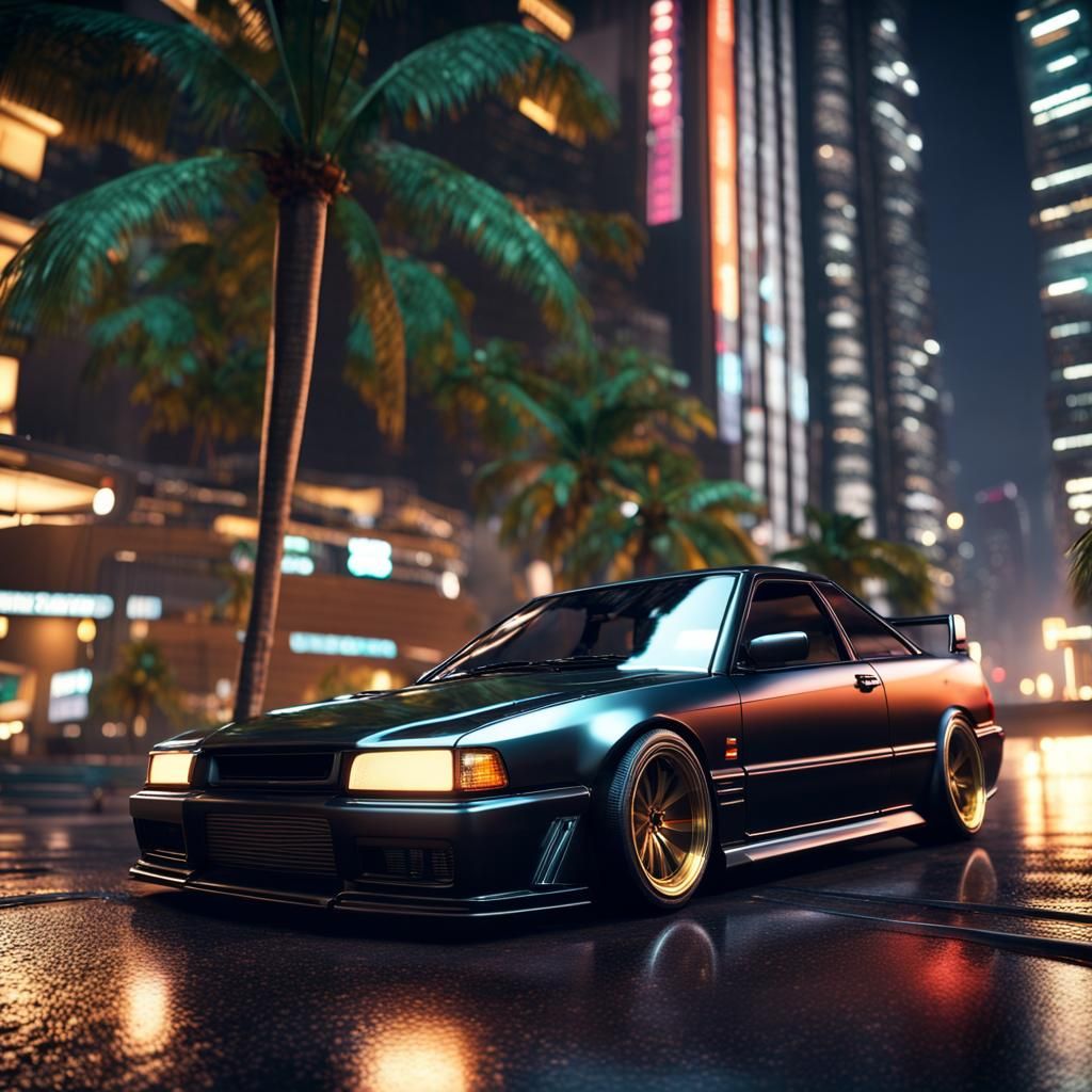 JDM Car in Tropical City Night, Hyperrealistic Render