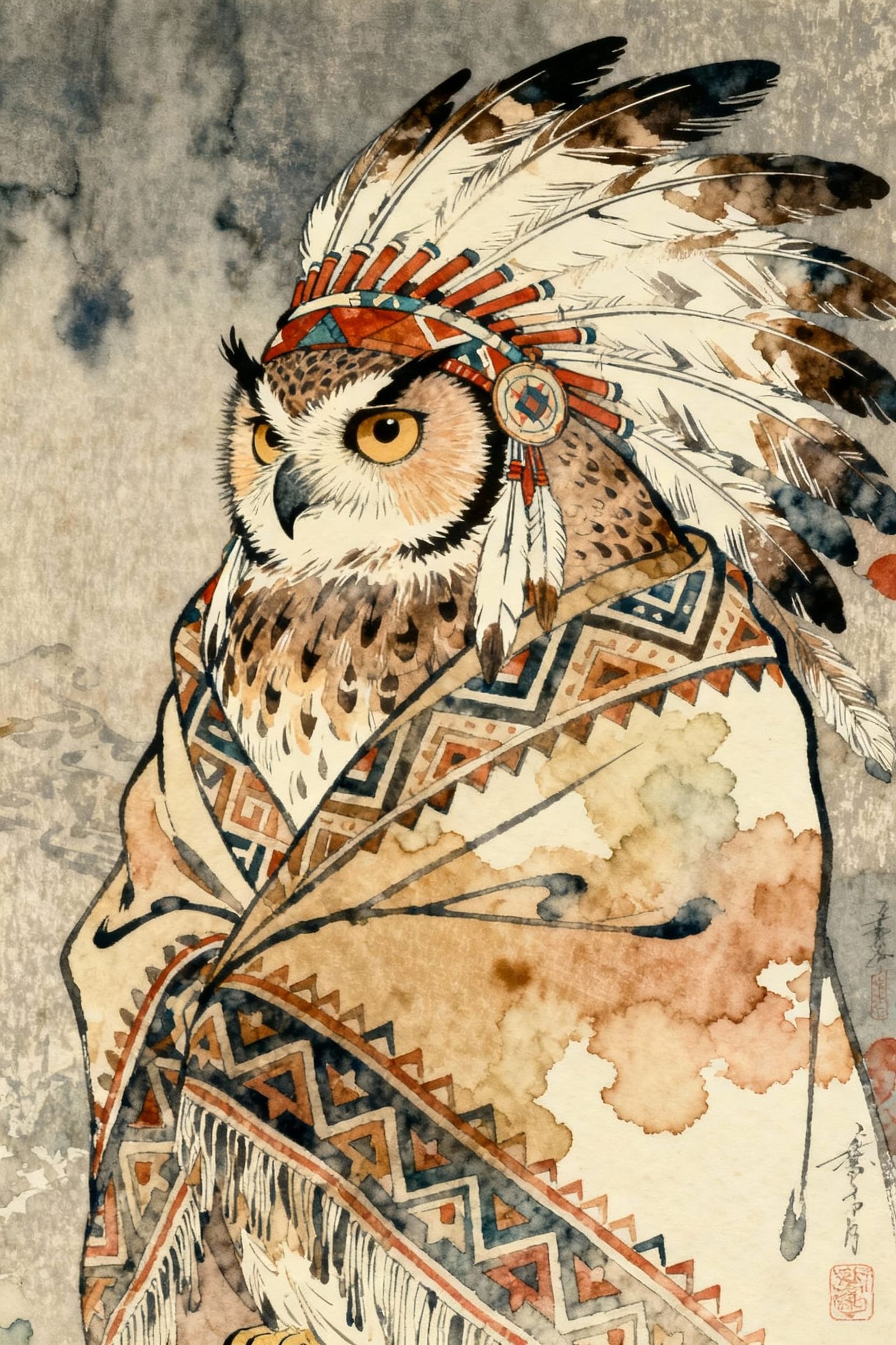 Ukiyo-e Native American Chief Owl in Blanket