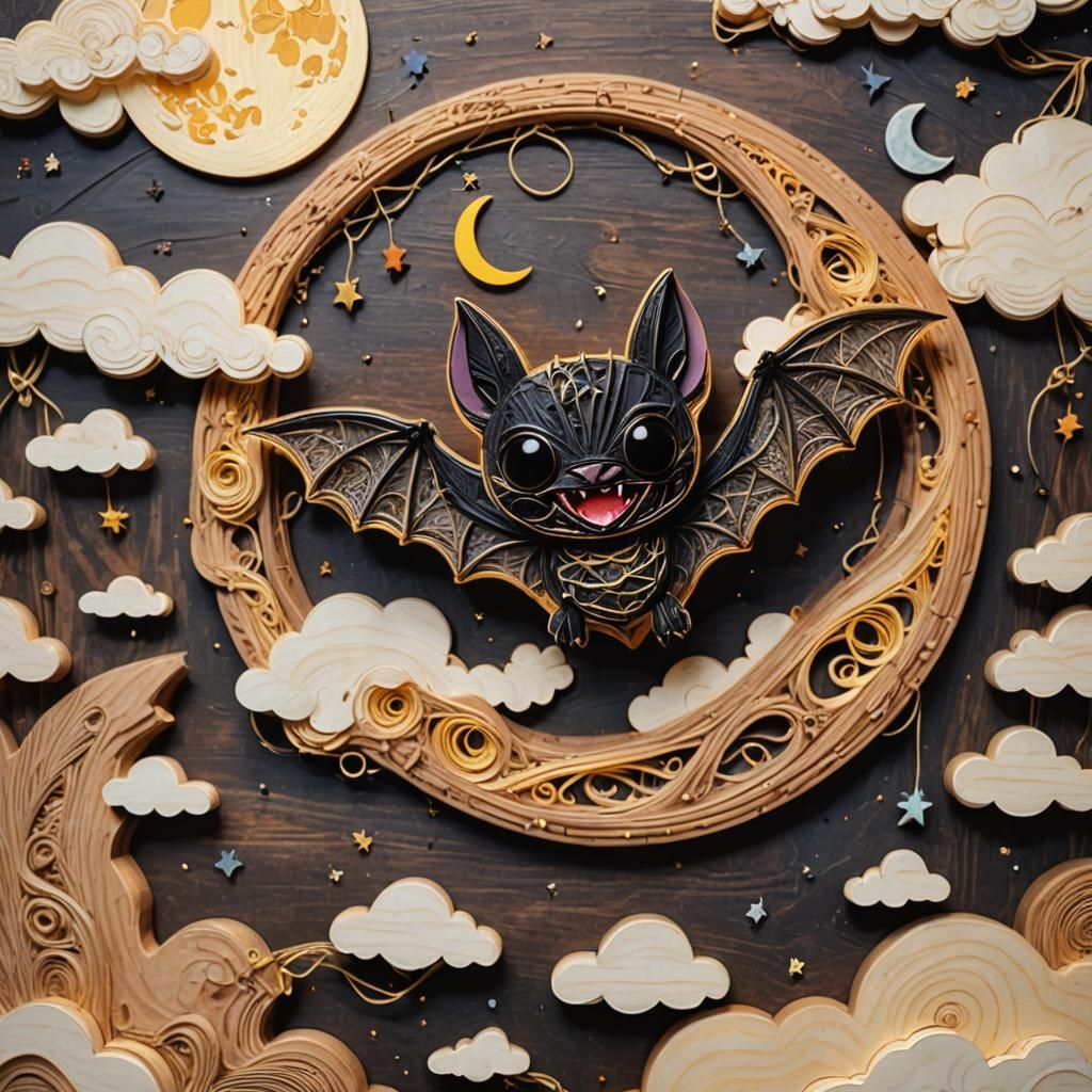 Chibi Bat in String Art Style with Full Moon