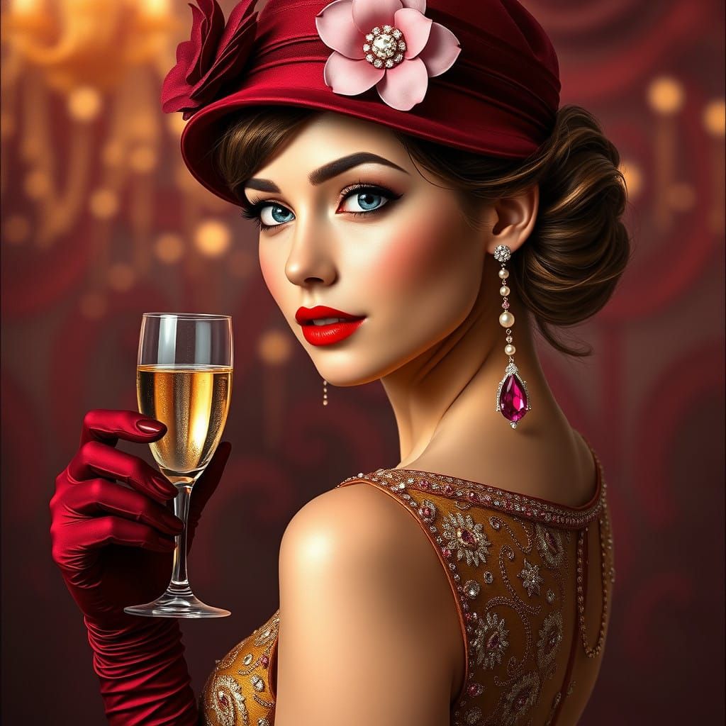 Full body, enchanting hyper realistic detailed oil painting inked with delicate precision of a young elegant and sophist...