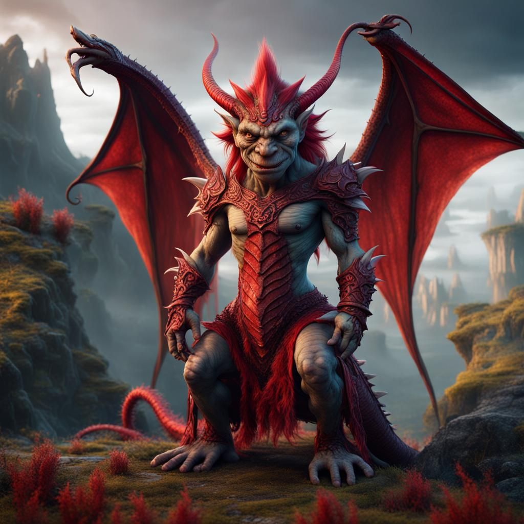 Troll in Enchanted Red Dragon Dress