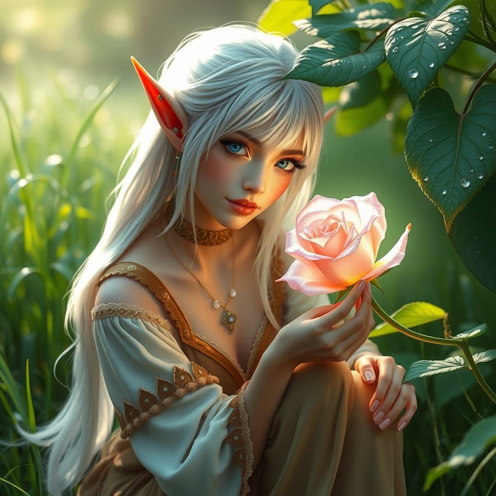 Ethereal Elf Woman in Rose Garden: Digital Art