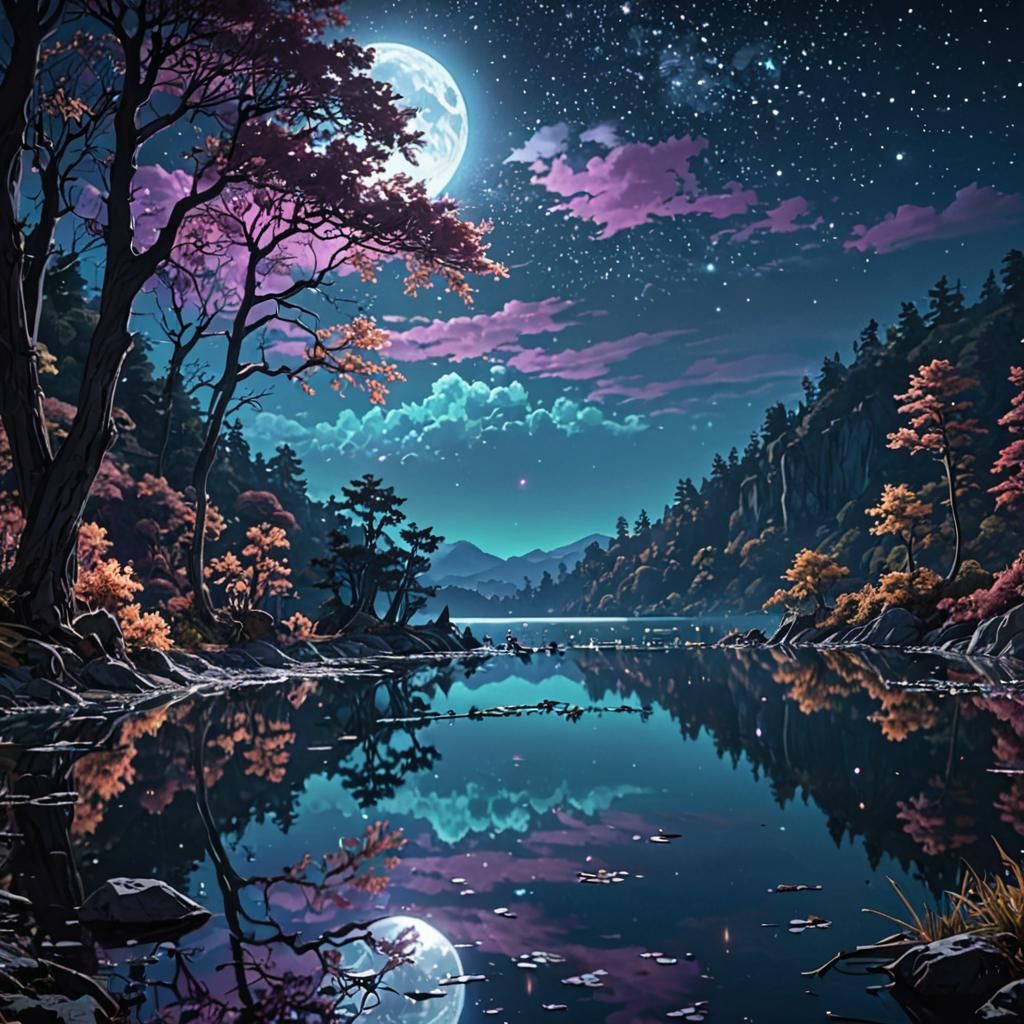 Cosmic Moonlit Lake in Anime Art Style