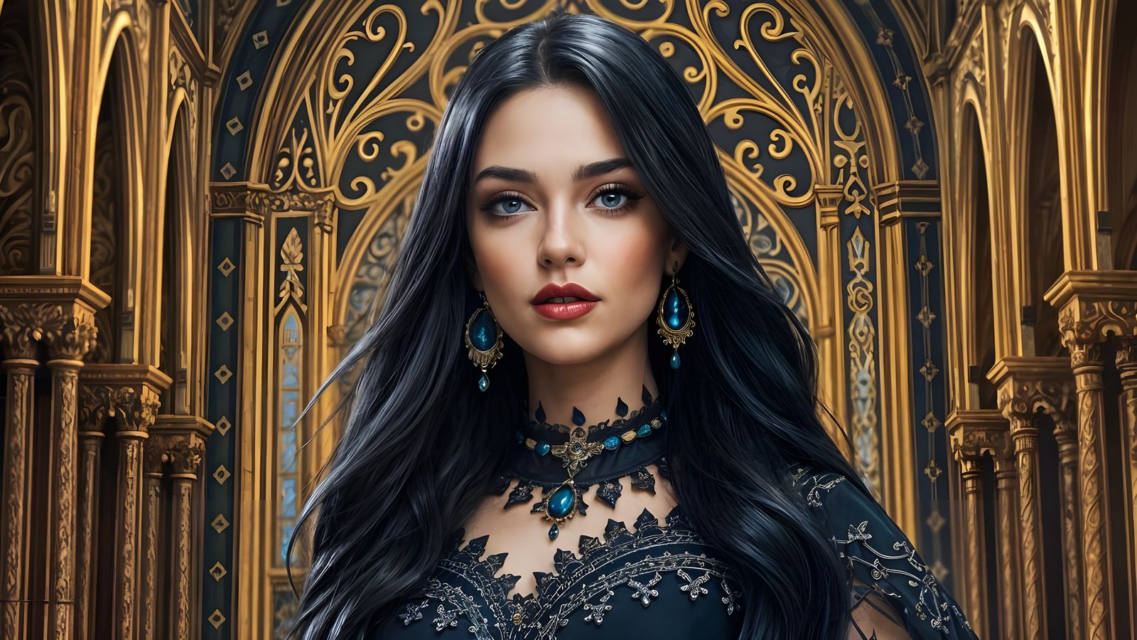 Beautiful Woman with Dark Hair and Regal Backdrop