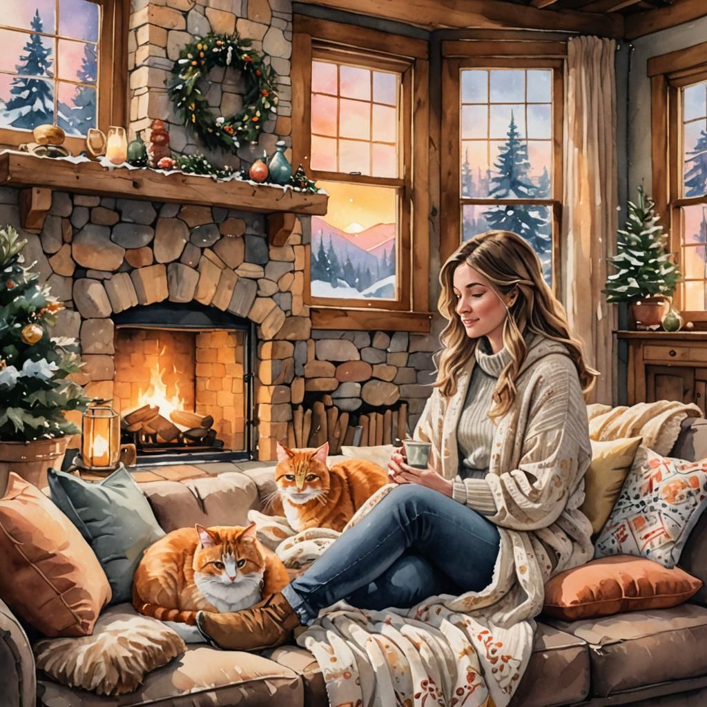 Cozy Cabin Scene in Watercolor Style