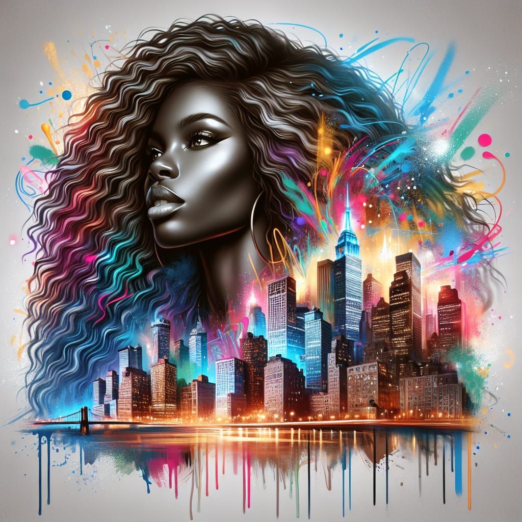 Urban Fusion: Woman and City in Airbrush Oil Painting Style