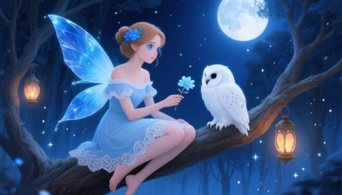 Fairy and Owl in a Blue Wonderland