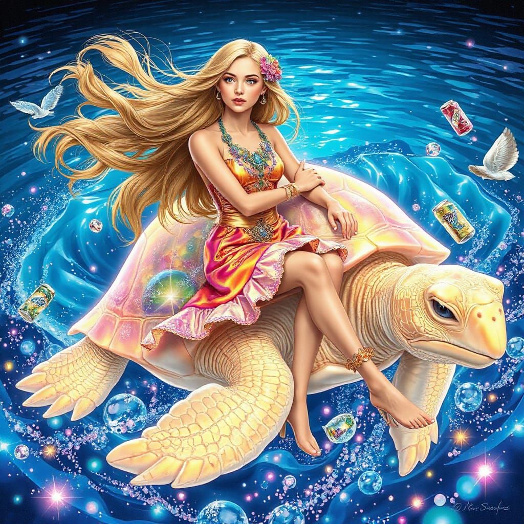 Young Woman on Rainbow Tortoise in Soda Sea