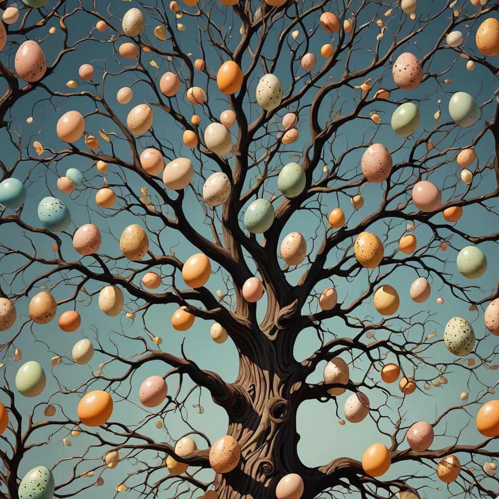 Surreal Egg Tree in Dreamy Forest Scene