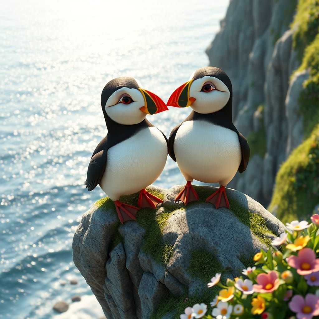 Charming Puffins on Mossy Ocean Rock