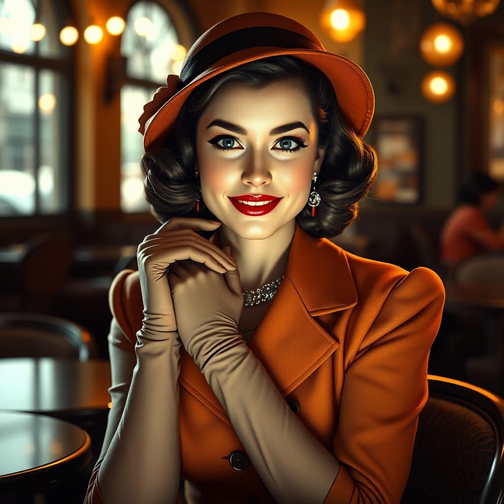 Elegant Woman in Vintage Cafe