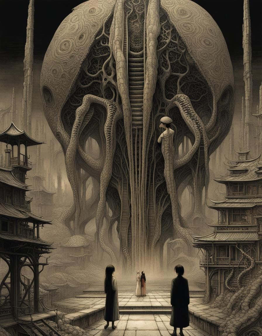 16k resolution, Taisho-era romance in a Gigerian world. Art by Goyo Hashiguchi, Takabatake Kasho, and HR Giger. Intricat...