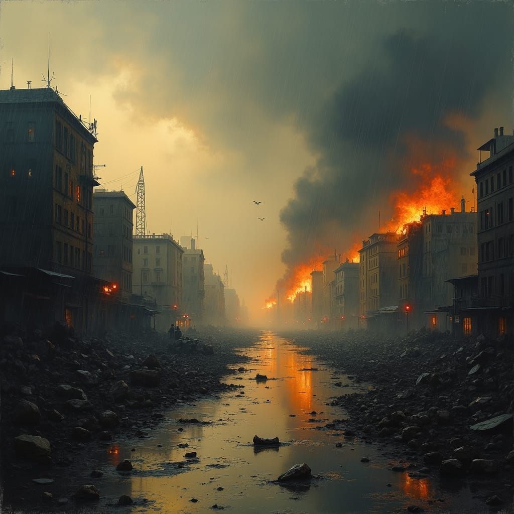 War-Torn Cityscape Ablaze: An Atmospheric Oil Painting