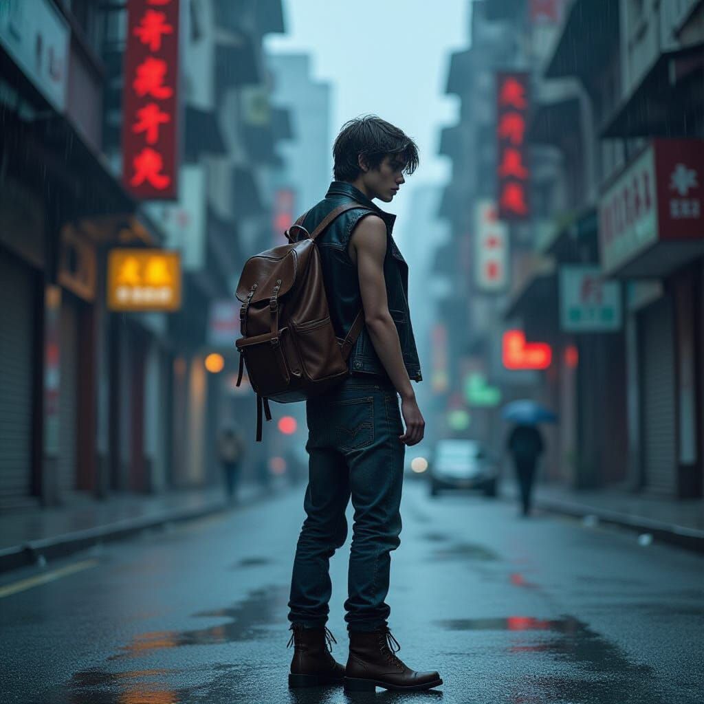Teenager in Gritty Metropolis, Moody Cinematic Style