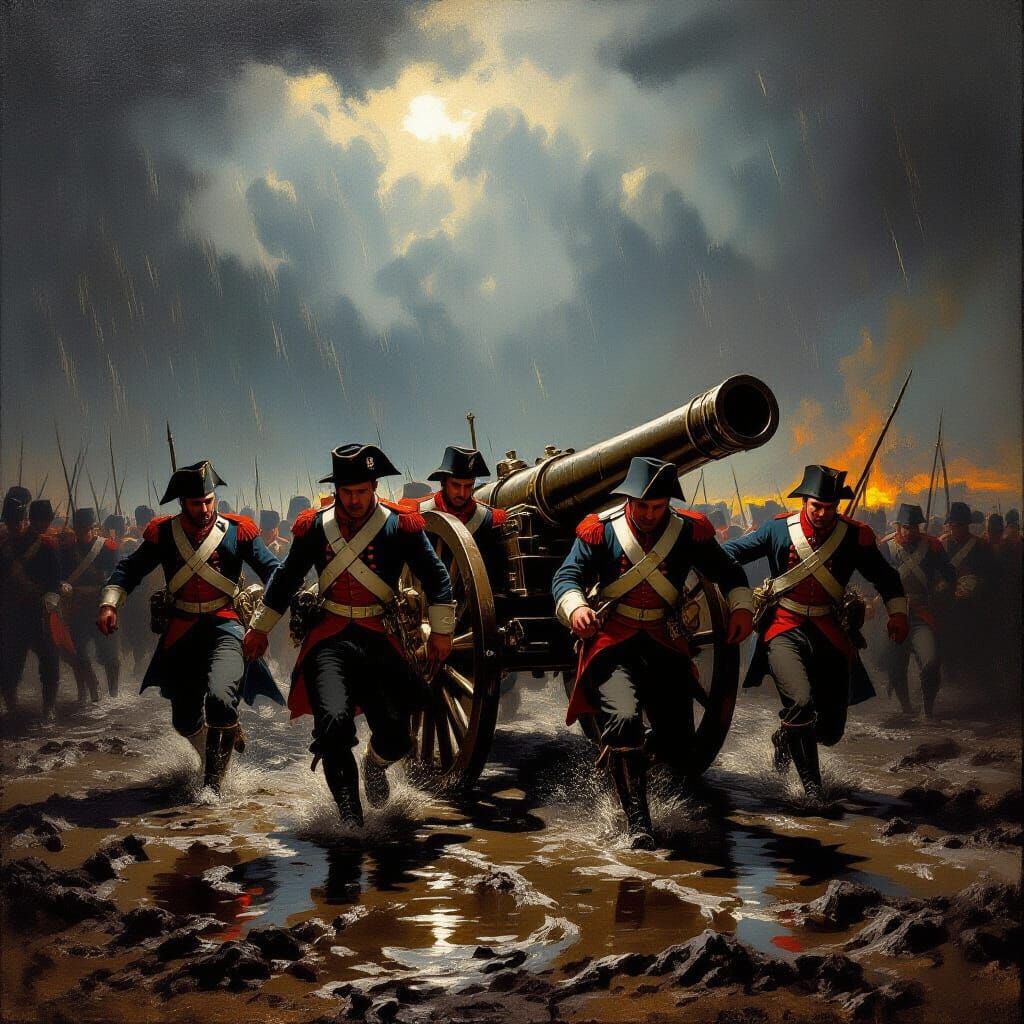 Baroque Painting of Napoleon's Army in Muddy Storm